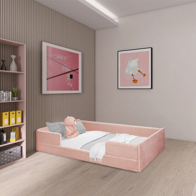 Cama Montessoriana Solteiro Madeira Maciça Com Revestimento Em Tecido Luana Rosa