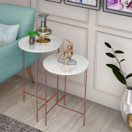 Conjunto Mesa Lateral Redonda Para Sala E Quarto Lírio Off White Base Rosê Gold