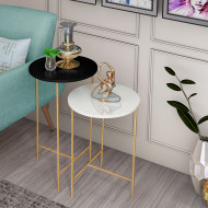 Conjunto Mesa Lateral Redonda Para Sala E Quarto Lírio Tampo Off White Com Preto Base Dourada