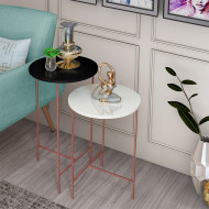 Conjunto Mesa Lateral Redonda Para Sala E Quarto Lírio Tampo Off White E Preto Base Rosê Gold