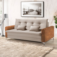Sofá Cama 3 Lugares Kairos Premium Veludo Bege Com Braços Em Corino Marrom - Php Mobília