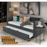 Sofá Cama Madeira Maciça Com Revestimento Veludo Pávia Dubai Cinza + Acompanha Mesa Lateral Preta