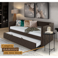 Bicama Madeira Maciça Revestimento Tecido Veludo Pávia Dubai Marrom + Brinde Mesa Lateral Preta